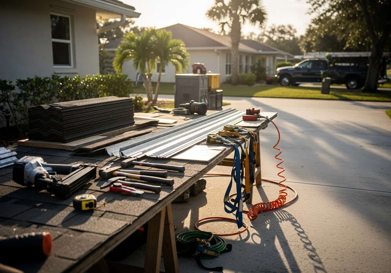 Roofing crew with tools and equipment on a residential roof installation site, demonstrating professional workmanship and safety practices.