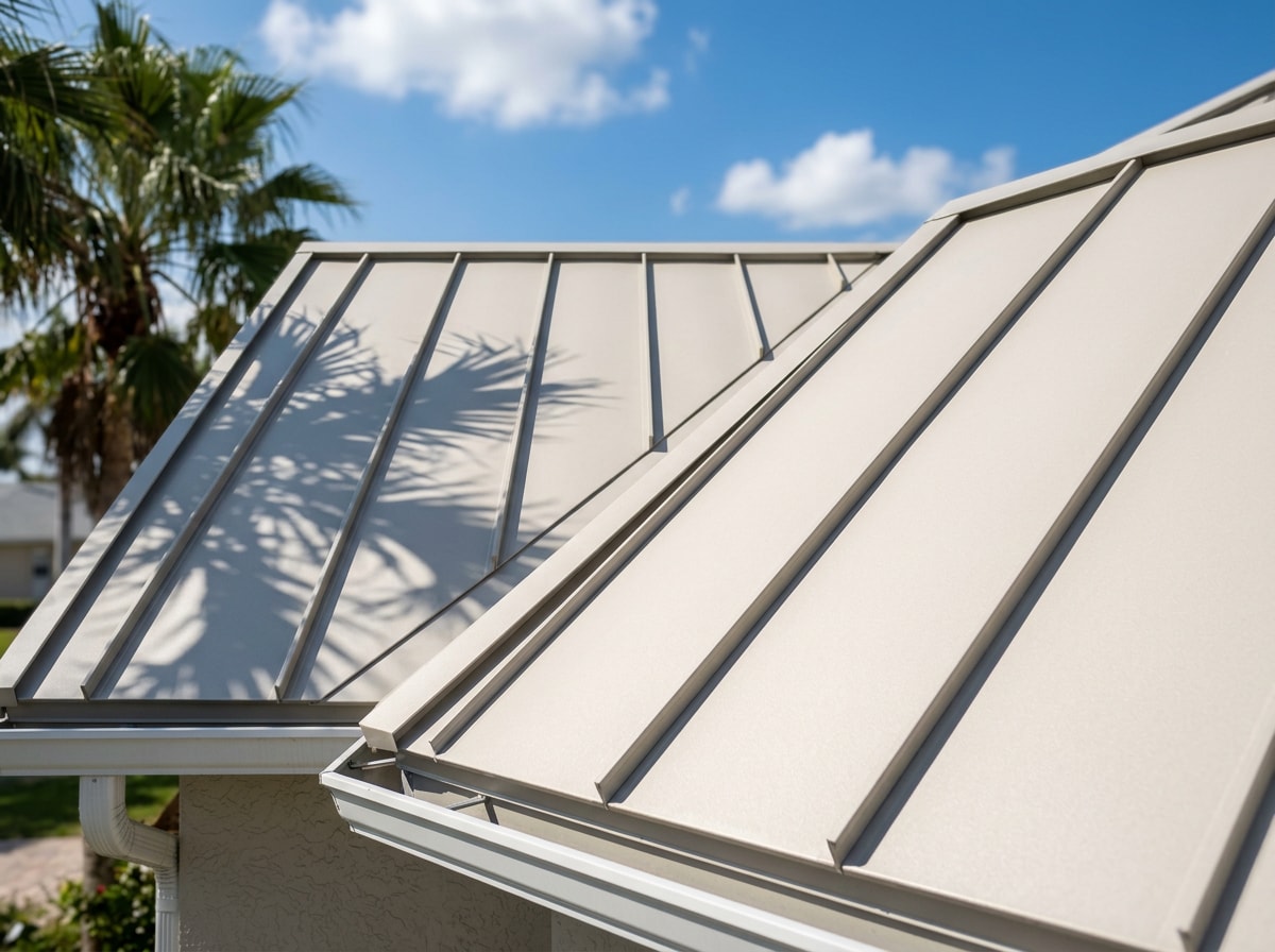 Aluminum standing seam roofing panels installed on a Siesta Key coastal home