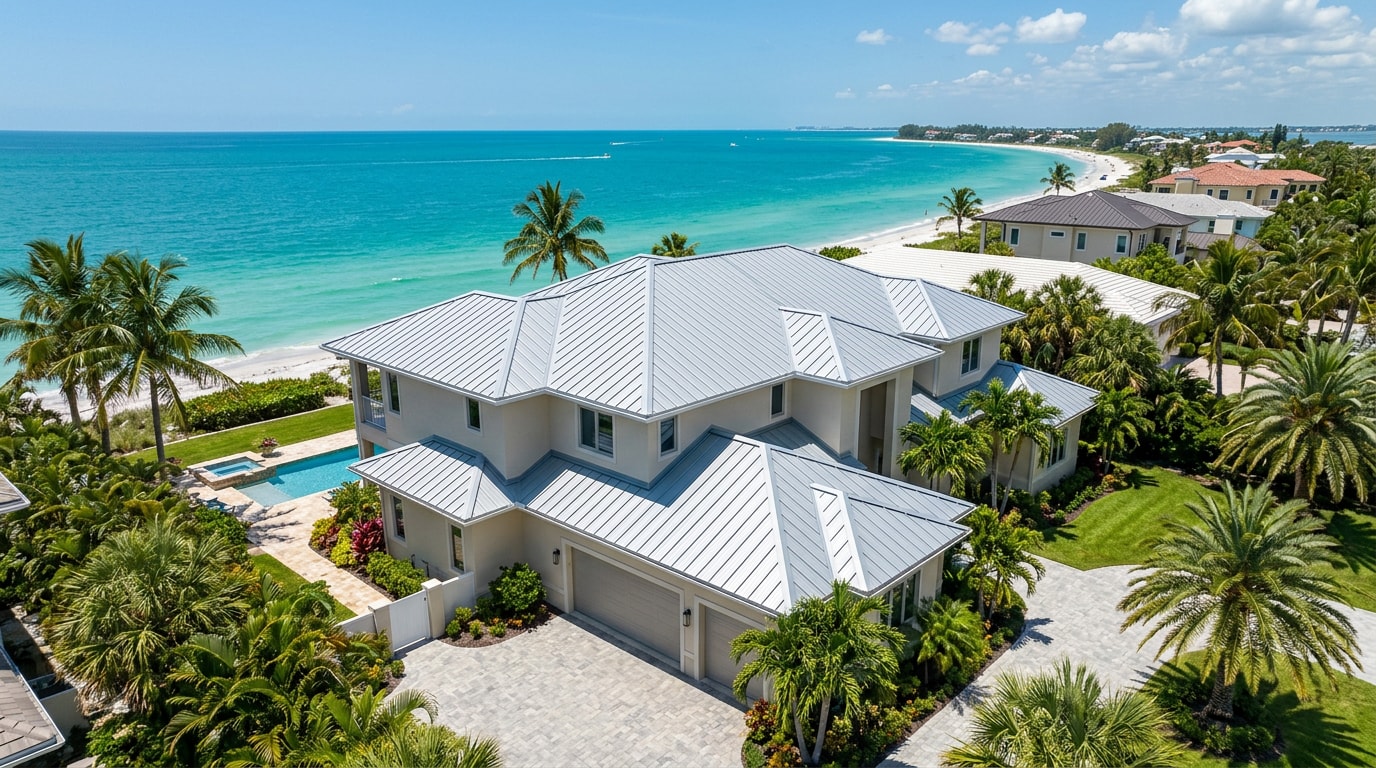 Finished aluminum standing seam roof on a coastal home near Siesta Key, FL