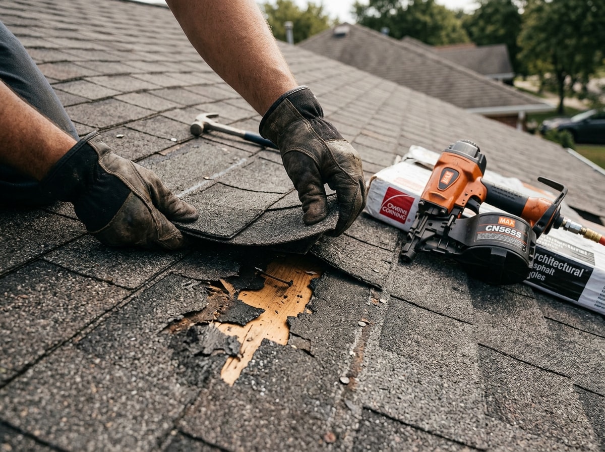 Roofer replacing damaged asphalt shingles during a repair job