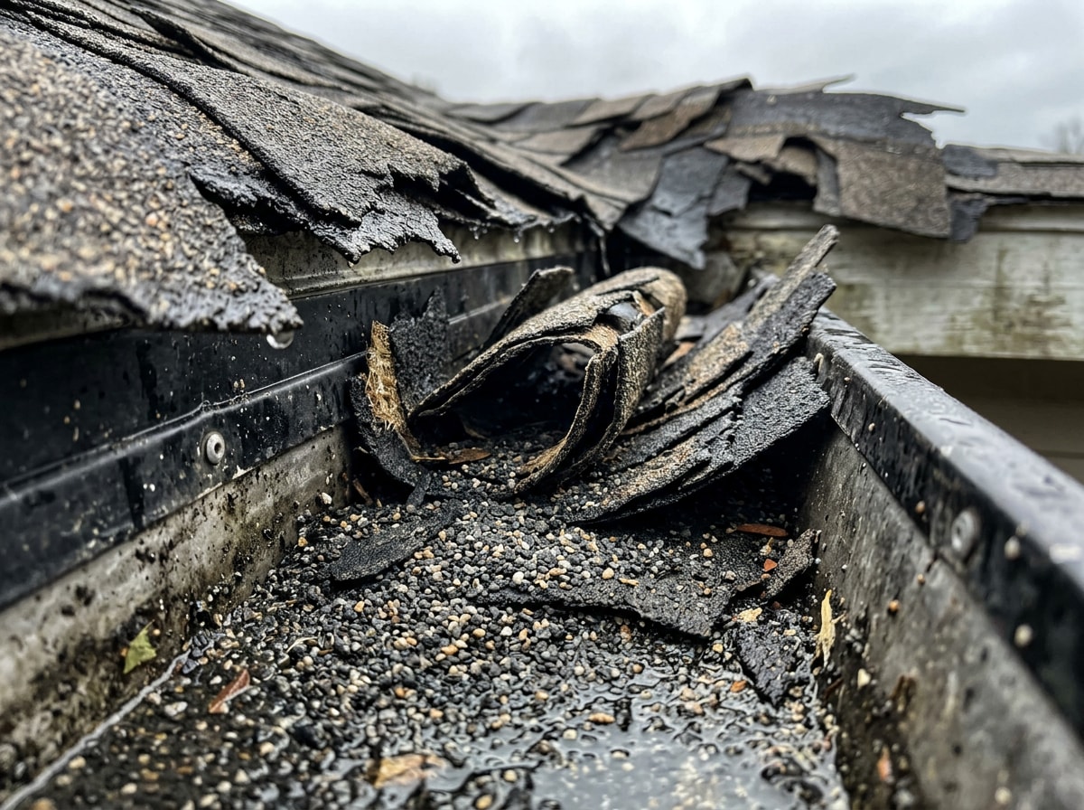 Close-up of curled, storm-damaged asphalt shingles with visible granule loss