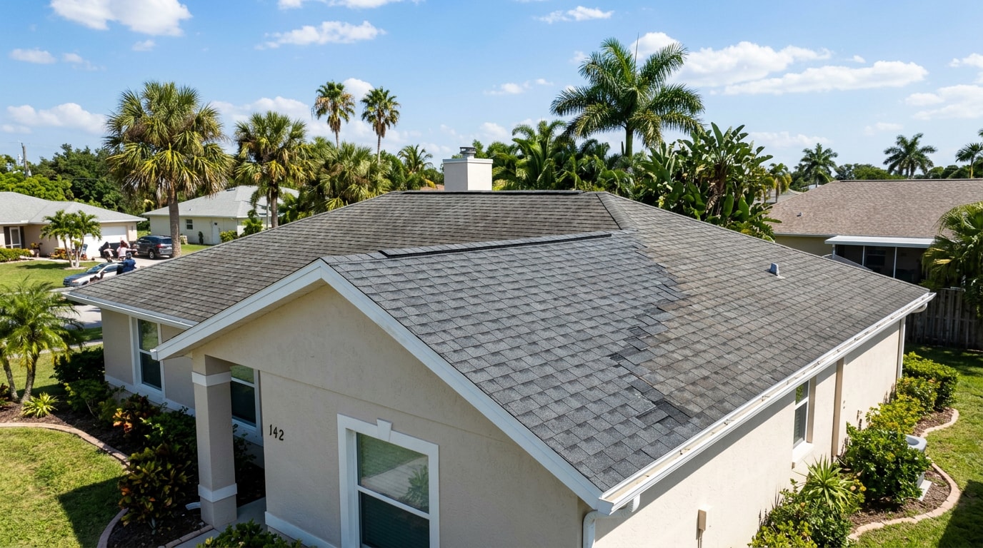 Completed asphalt shingle roof repair on a North Port, FL home