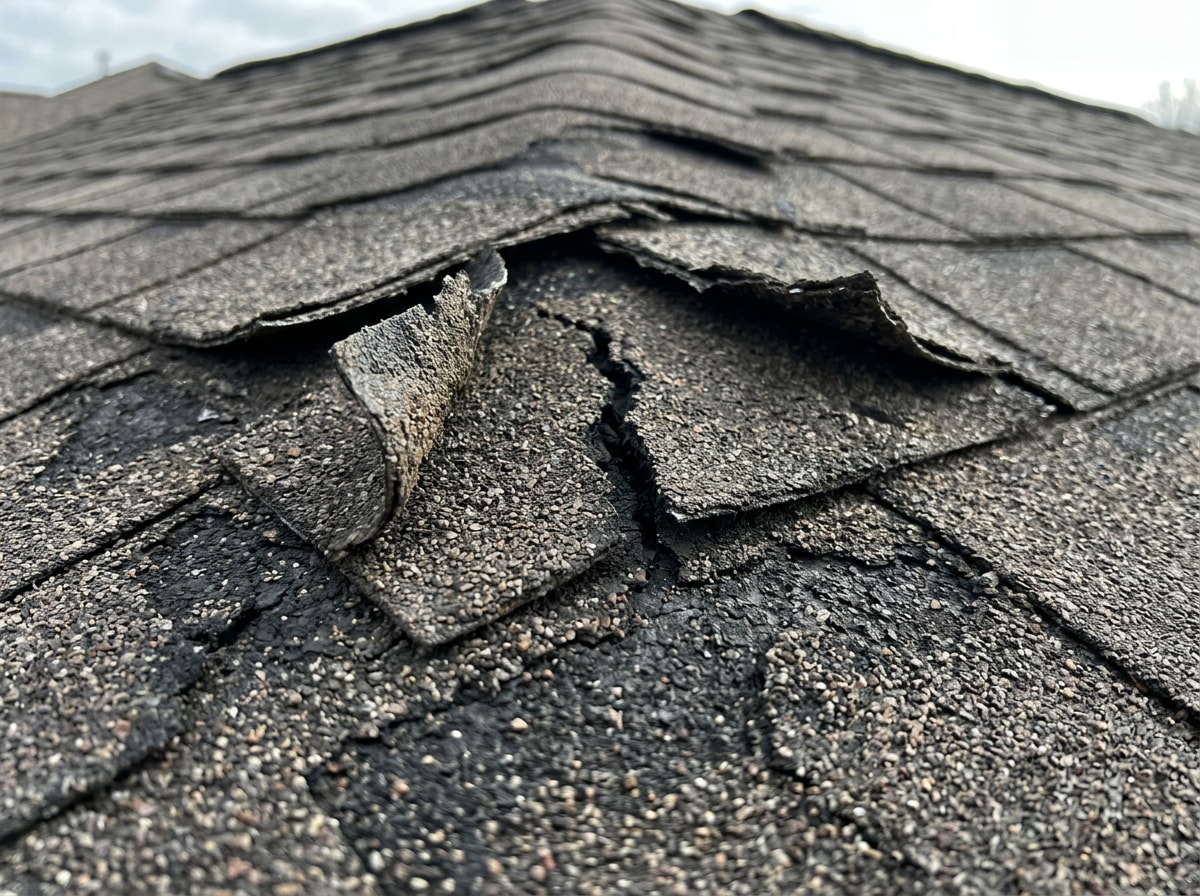 Close-up of curling, cracked, and granule-bare asphalt shingles on a Florida roof