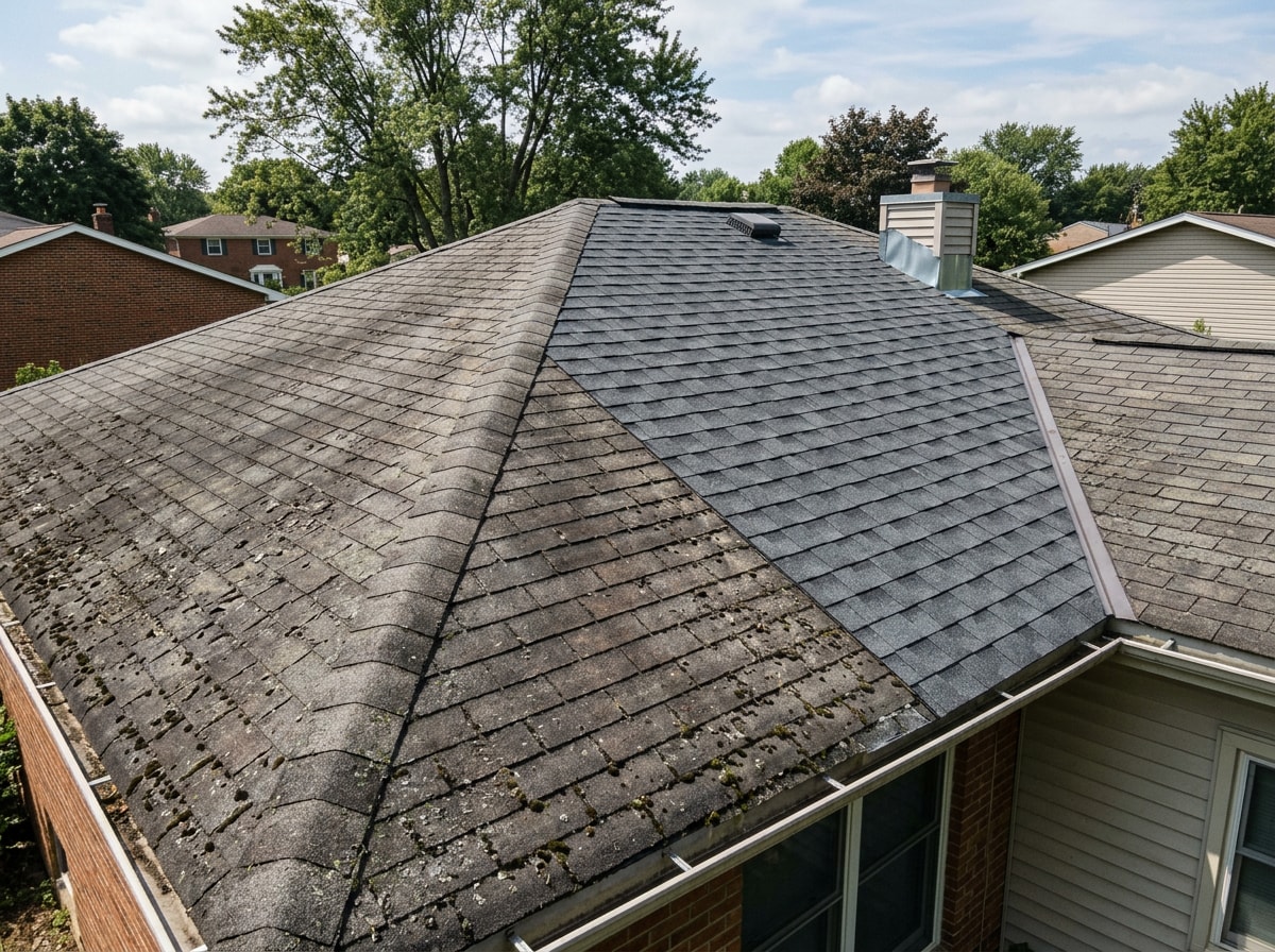 Side-by-side comparison of a patched asphalt shingle roof section versus a fully replaced section