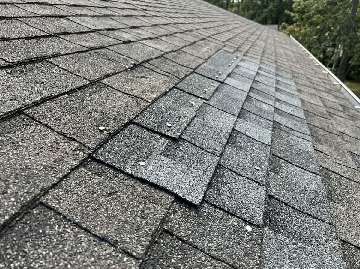 Roofing contractor weaving new shingles into an existing roof section during a repair in Manatee County