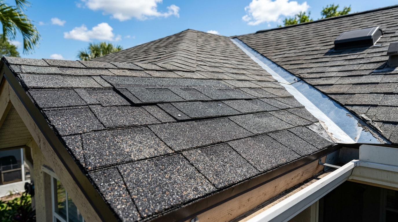 Freshly repaired asphalt shingle roof section on a Florida home