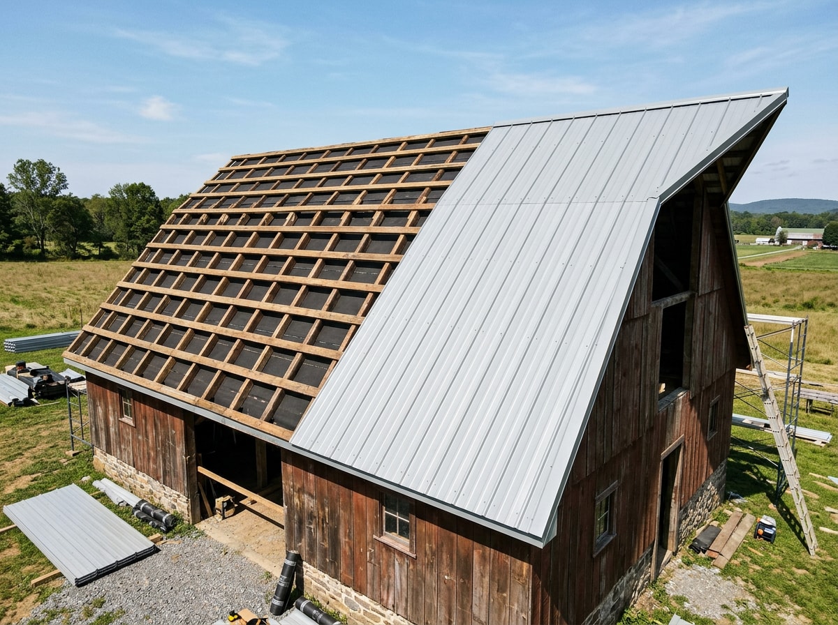 Step-by-step diagram of the metal barn roof replacement process from inspection to final installation