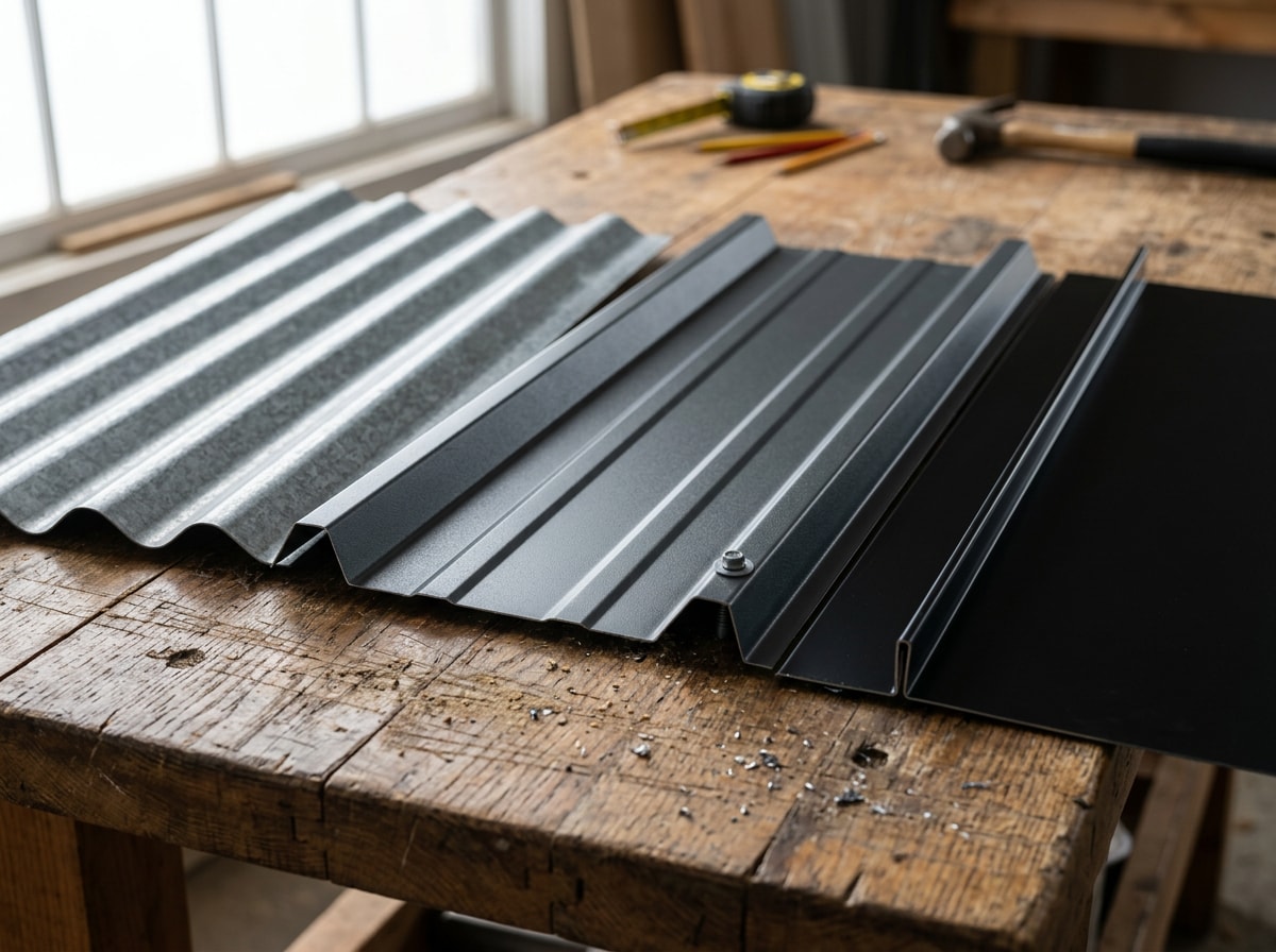 Comparison photo of corrugated, R-Panel, and standing seam metal roofing profiles for barns