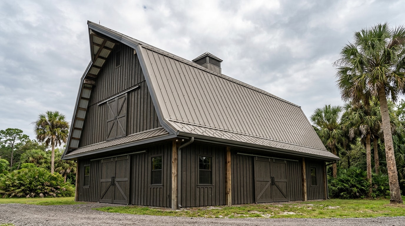 Pole barn with newly installed metal roof in Venice, FL