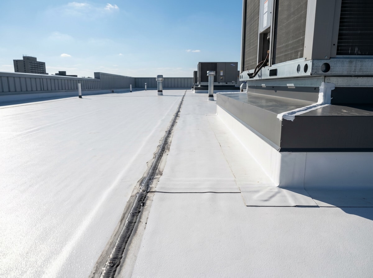 Newly installed white TPO membrane roof on a North Port commercial building with rooftop HVAC curbs