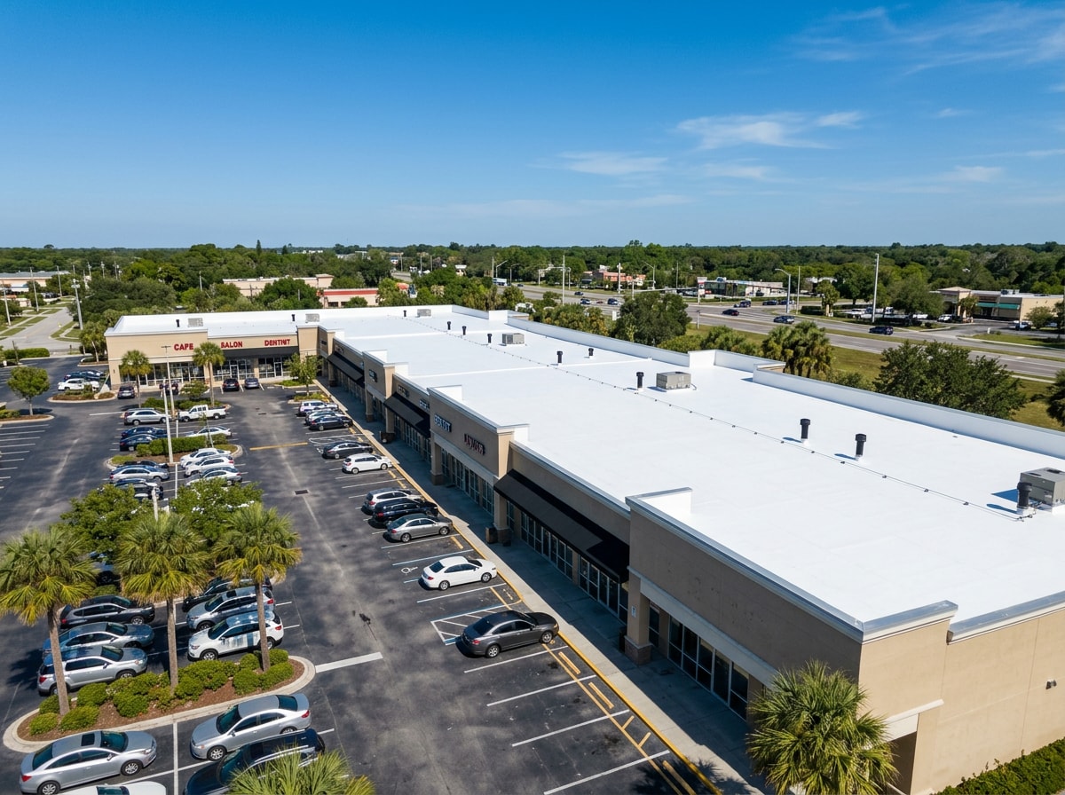 Completed commercial flat roof replacement on a North Port retail building