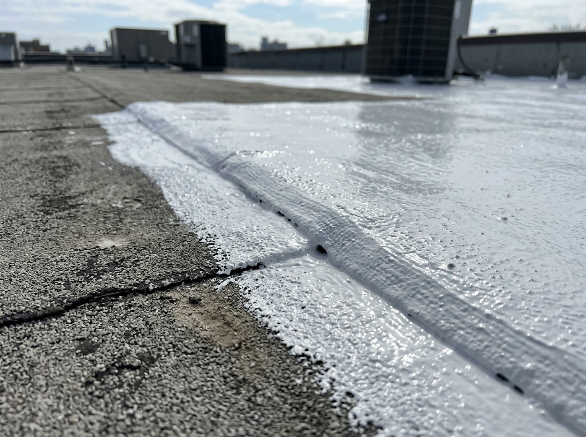 Crew-applied reflective roof coating on an aging commercial flat roof