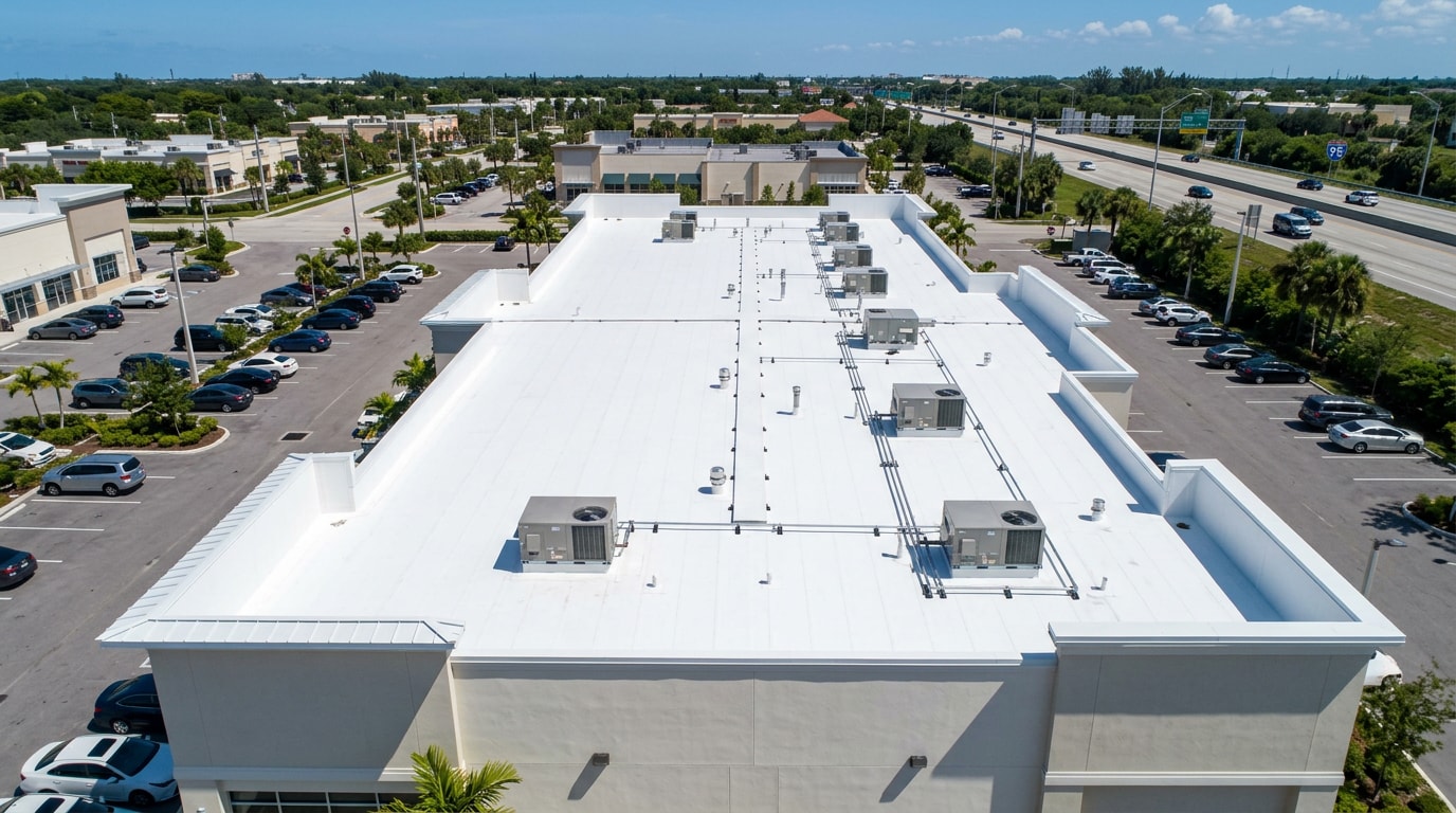 Commercial flat roof with white TPO membrane on a building in North Port, FL