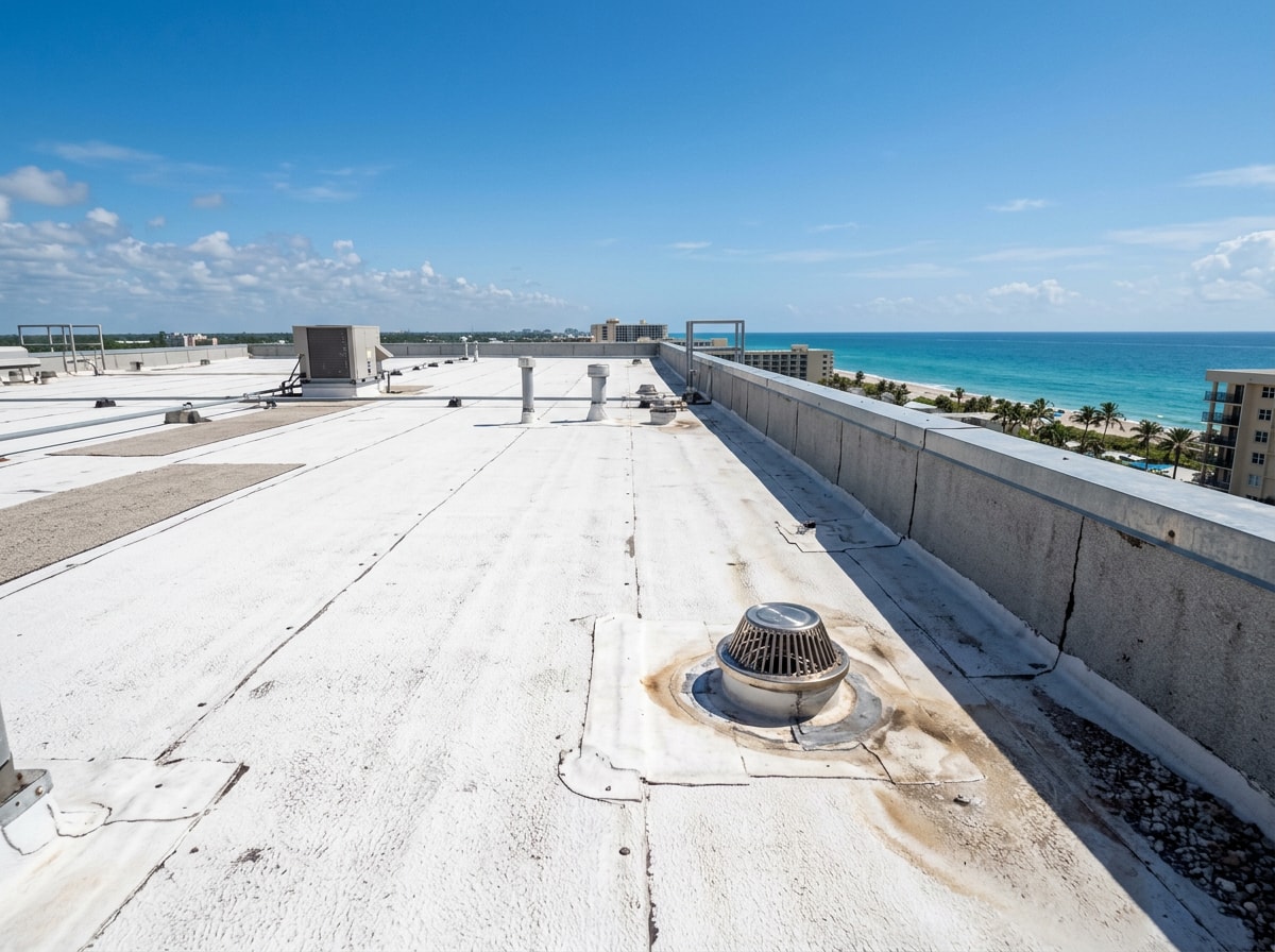 Flat commercial roof on a Siesta Key business under clear coastal sky