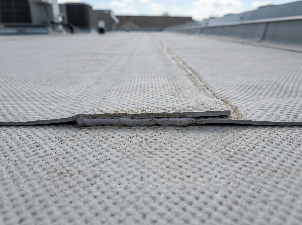 Close-up of a technician inspecting a TPO membrane seam on a flat commercial roof