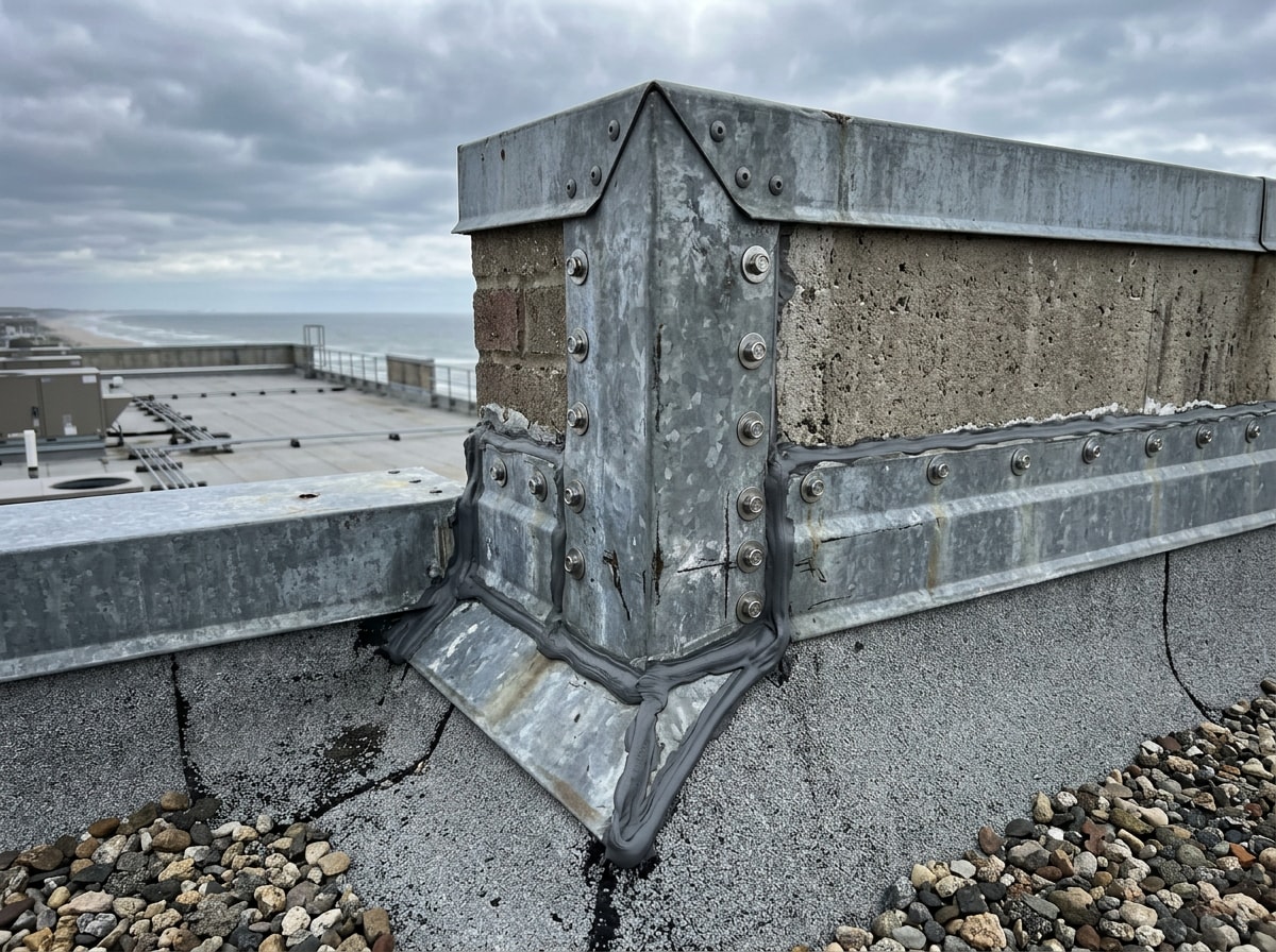 Reinforced flashing detail on a hurricane-prepared commercial roof parapet