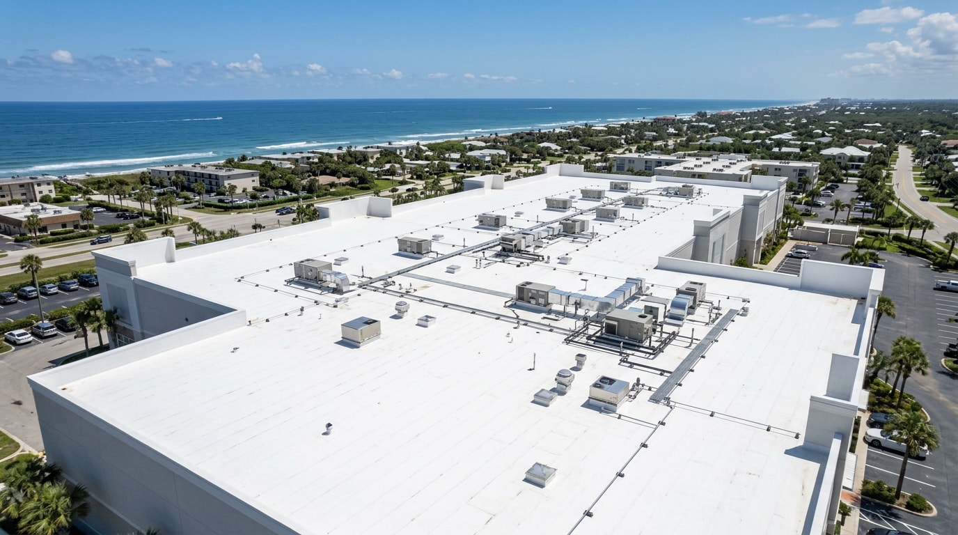 Commercial TPO flat roof on a Siesta Key, FL business building Commercial TPO flat roof on a Siesta Key, FL business building