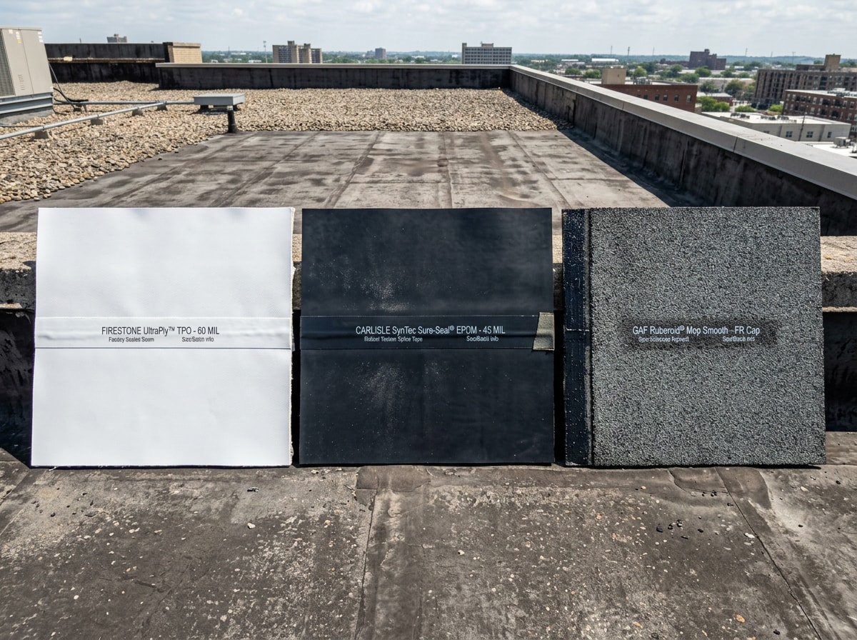 Side-by-side comparison chart of TPO, EPDM, and modified bitumen flat roof systems