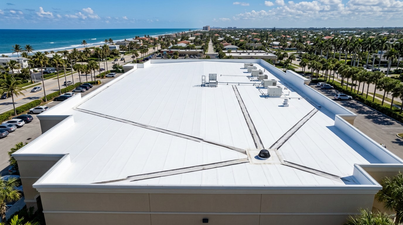 Freshly repaired white TPO flat roof on a Siesta Key Florida commercial building