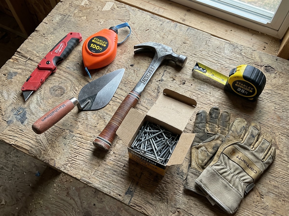 Roll roofing tool kit laid out including utility knife, chalk line, trowel, and hammer