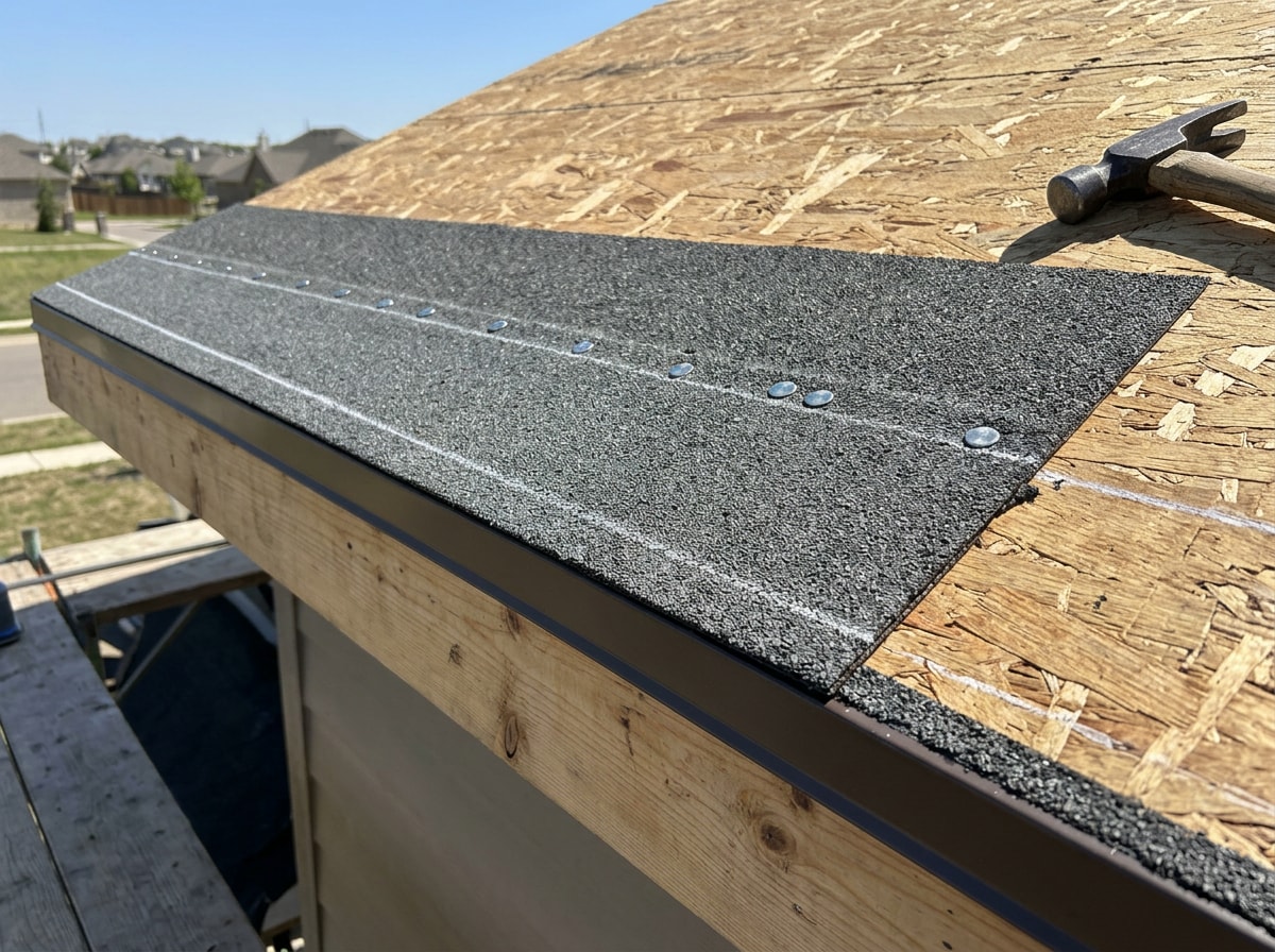 First course of asphalt roll roofing being laid and nailed along a chalk line