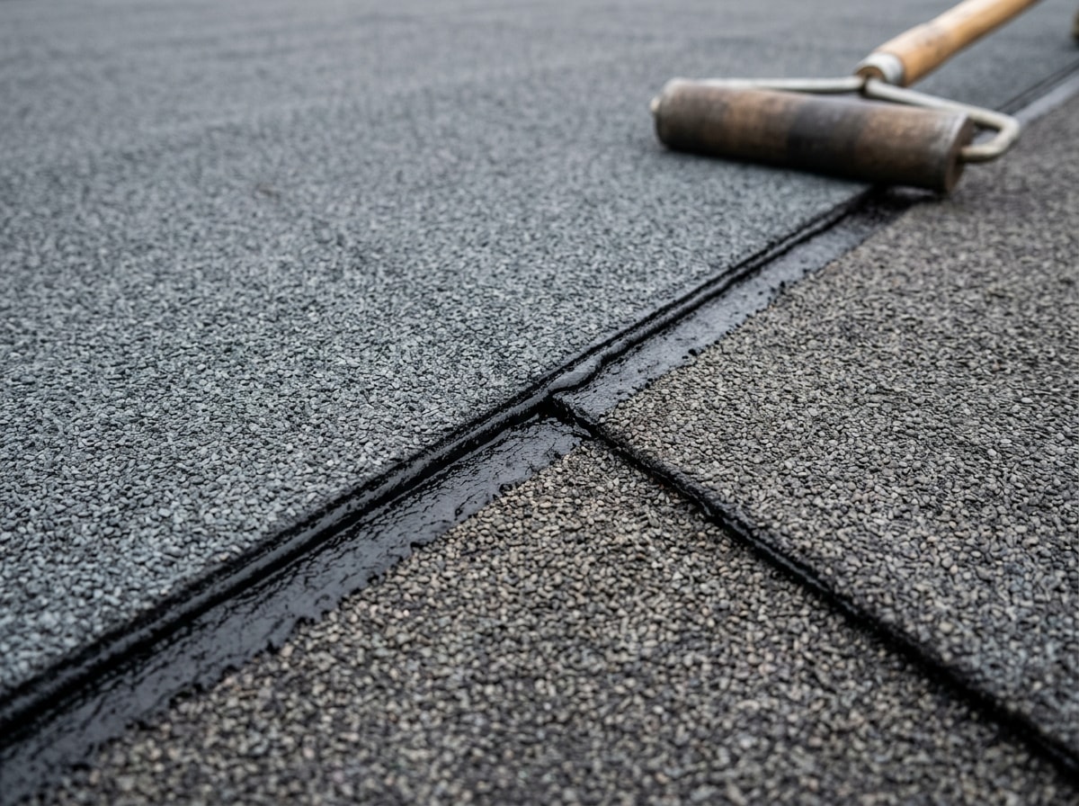 Sealed and rolled roll roofing seam showing proper overlap and cement application