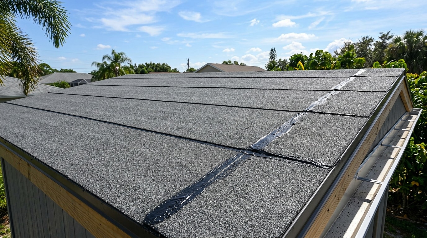 Finished asphalt roll roofing installed on a low-slope shed roof in Lakewood Ranch, FL Finished asphalt roll roofing installed on a low-slope shed roof in Lakewood Ranch, FL