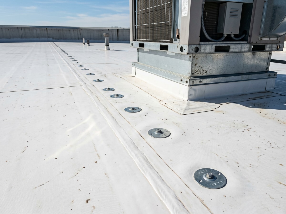 Completed TPO membrane roof on a Sarasota County warehouse with rooftop HVAC curbs and mechanical attachment points