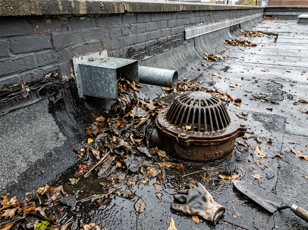 Technician inspecting a flat industrial roof drain and scupper for debris buildup before hurricane season