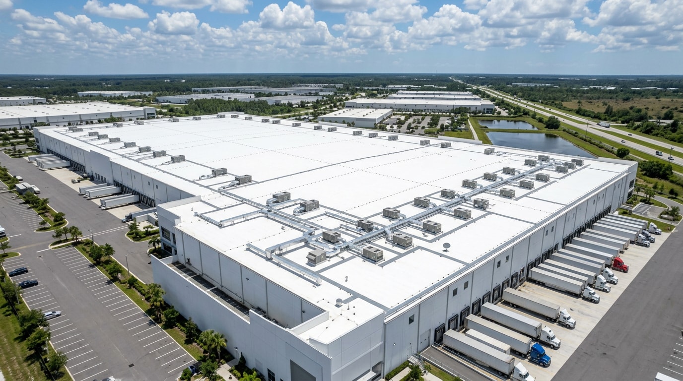 Aerial view of an industrial warehouse roof with TPO membrane in Sarasota County, FL