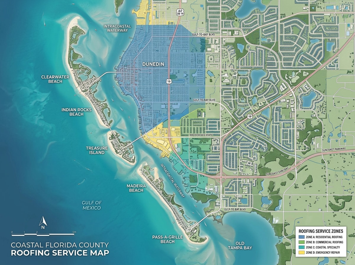 Map of Manatee County, Florida showing coastal and inland roofing service areas
