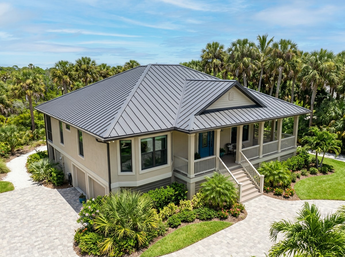 Coastal home in Sarasota County with a metal roof and visible valley flashing