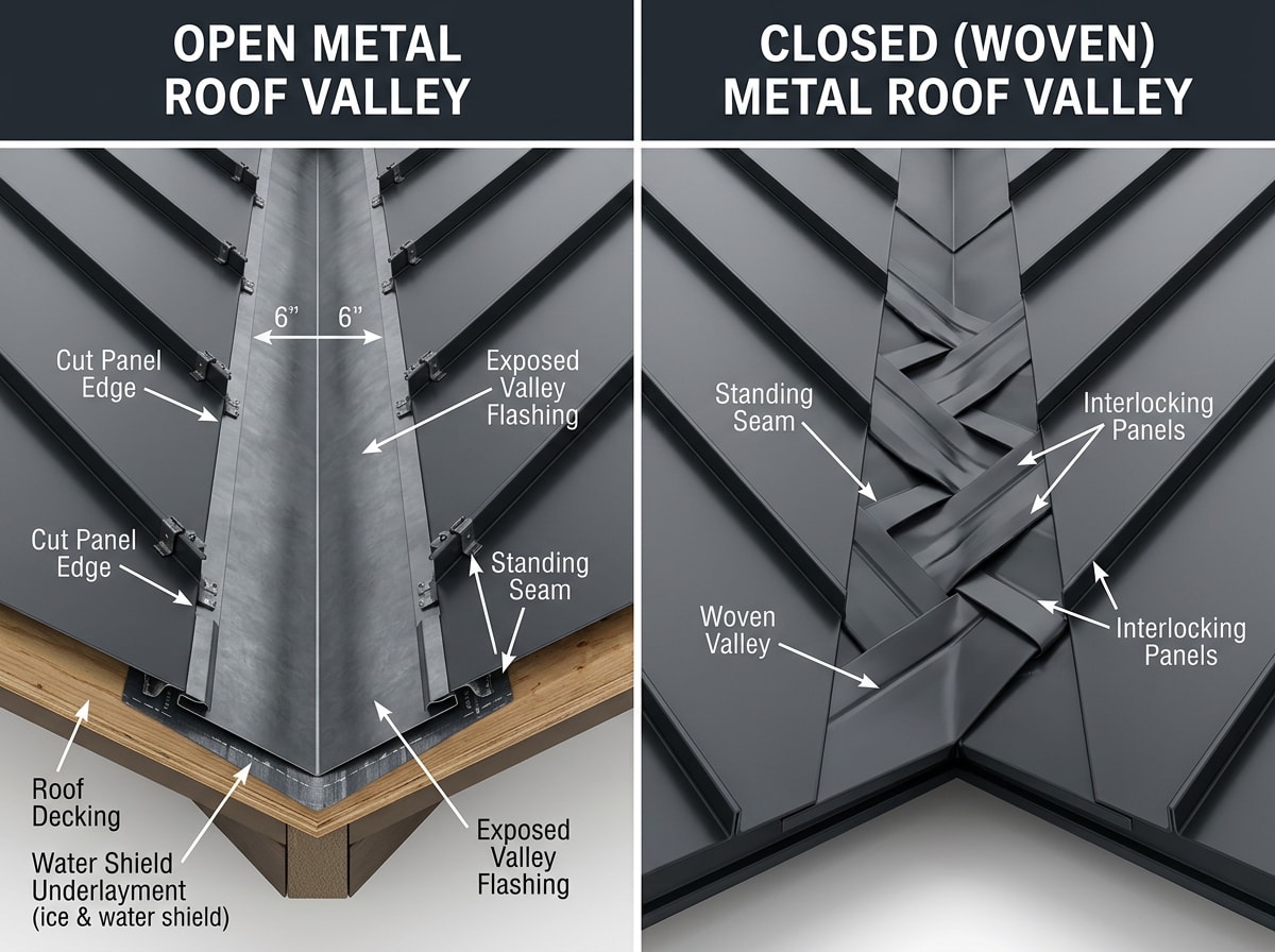 Diagram comparing open valley and closed valley metal roof flashing installation