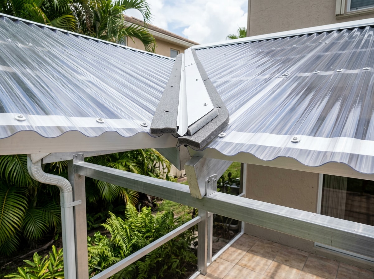 Polycarbonate roofing sheets installed over a Lakewood Ranch patio showing clear corrugated panel profile