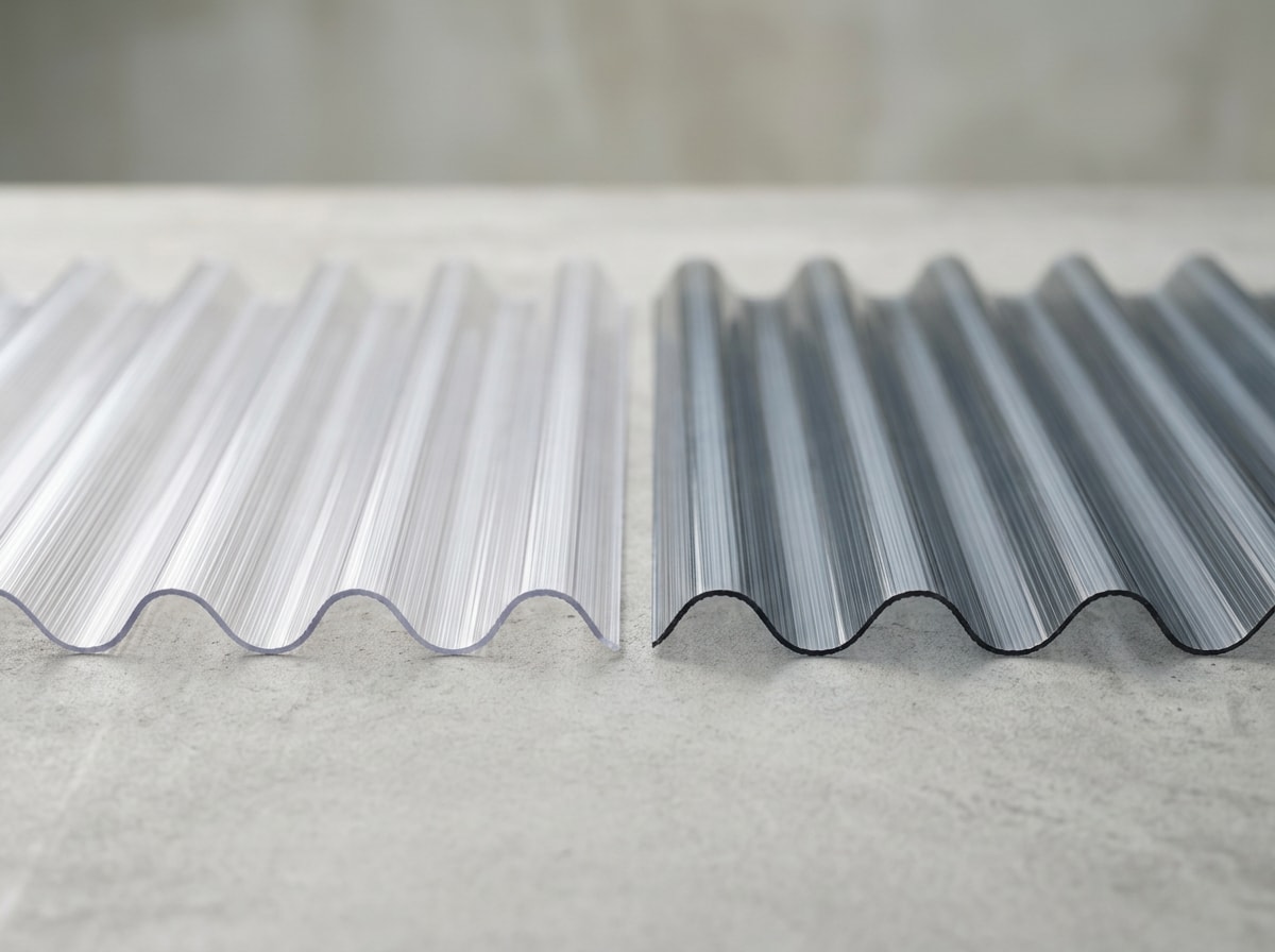 Close-up of corrugated polycarbonate roofing sheet profile in clear and solar gray finish options