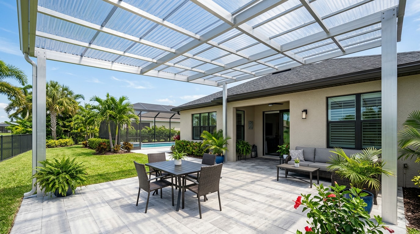 Clear corrugated polycarbonate roofing sheets installed over a patio carport in Lakewood Ranch, FL