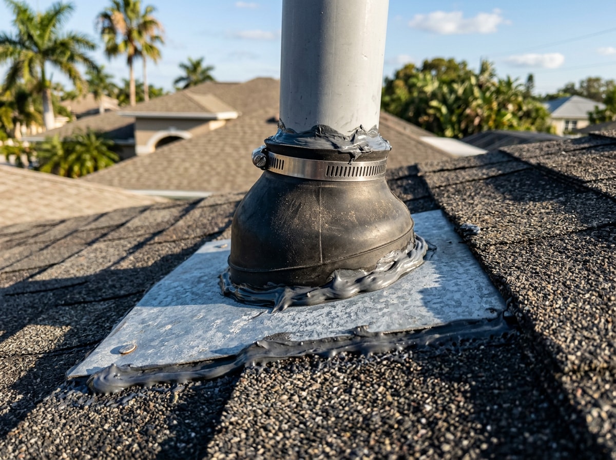 Close-up of roof vent flashing sealed around a plumbing vent pipe on a Bradenton, FL roof