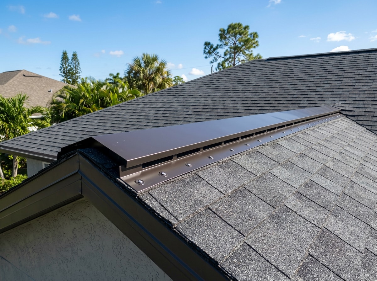 Roofing contractor installing a storm-rated ridge vent during a roof vent replacement in Bradenton, FL