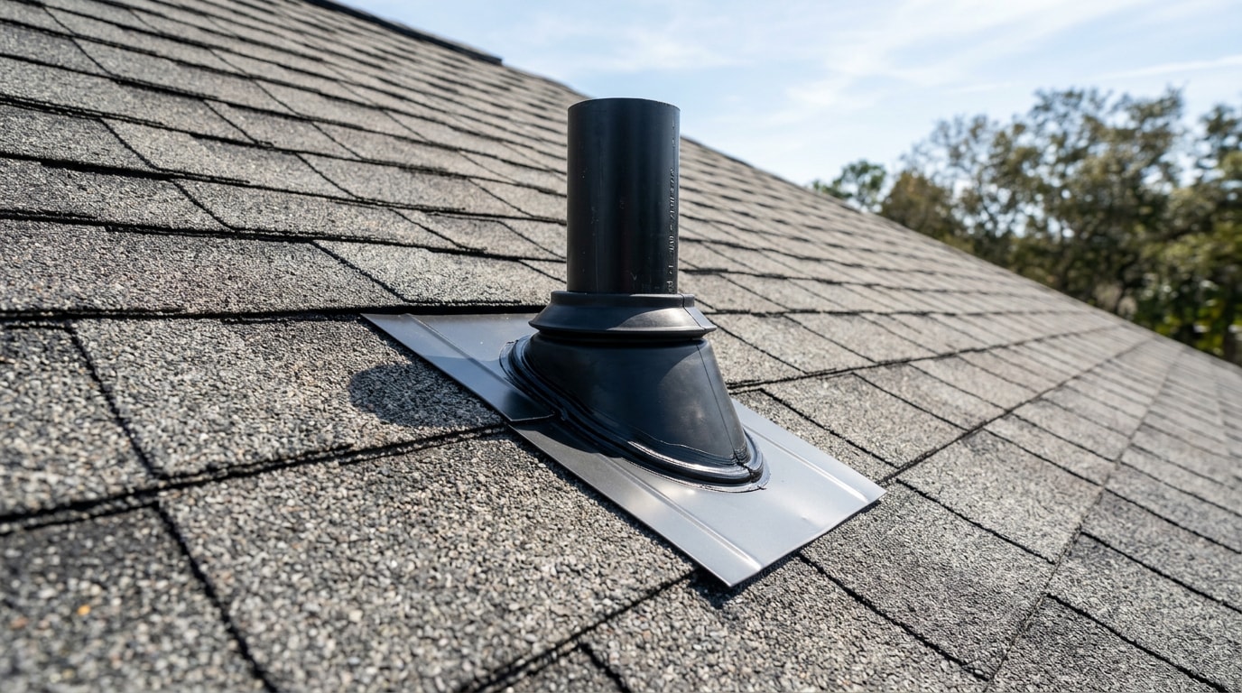 New roof vent flashing installed around a plumbing pipe on a Bradenton, FL asphalt shingle roof