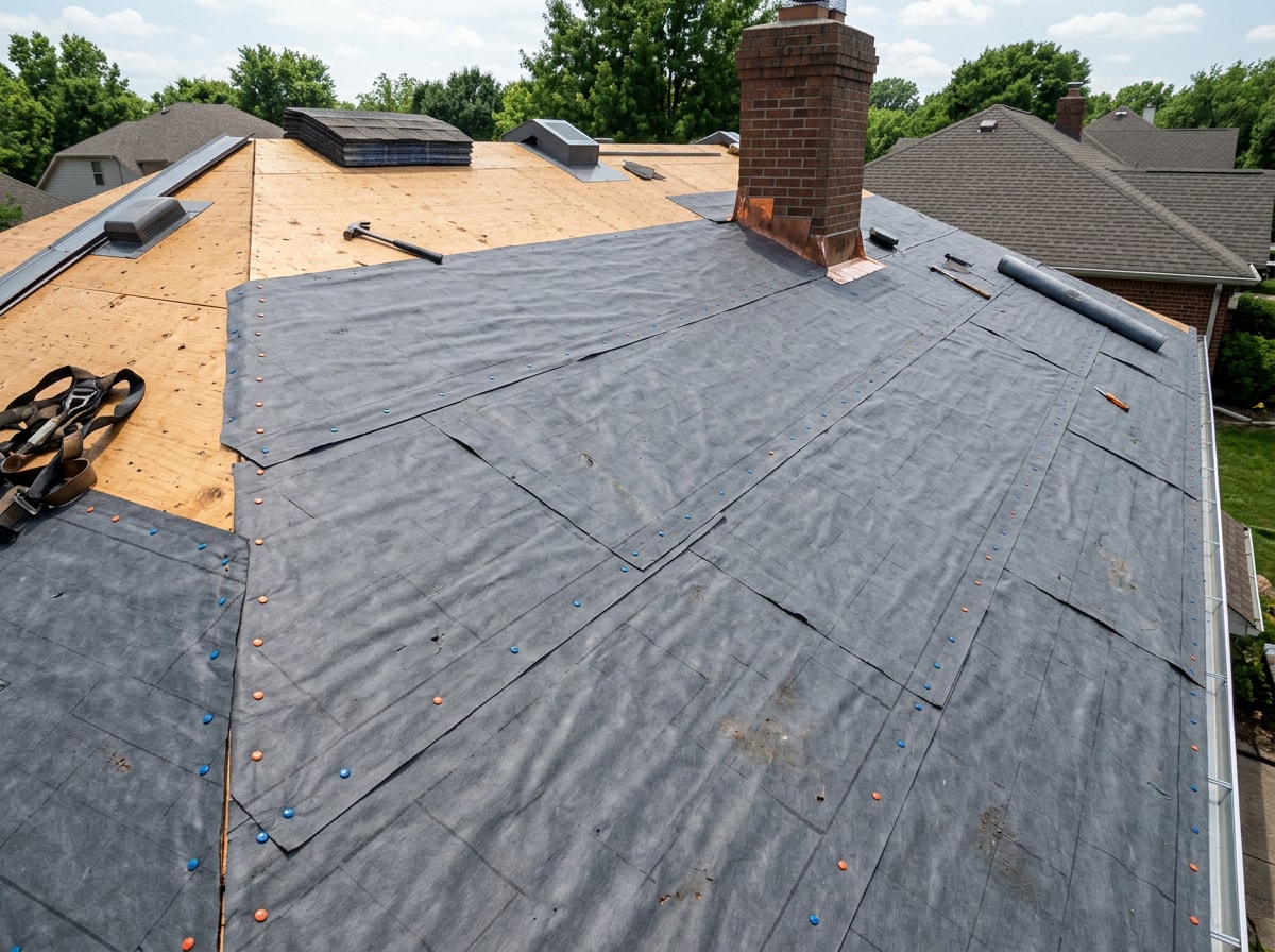 Roofing crew installing underlayment during the dry-in phase of a roof replacement