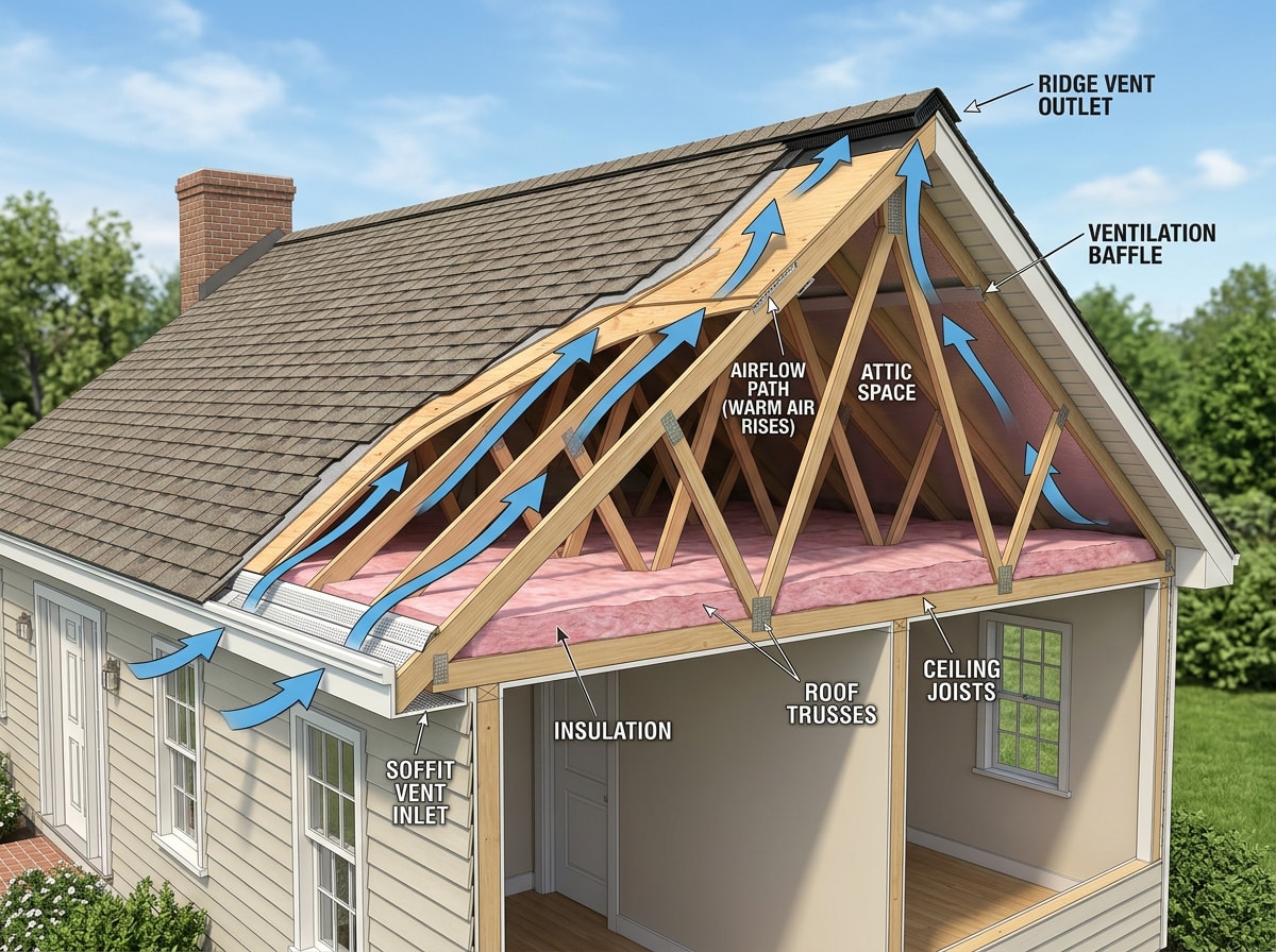 Diagram showing balanced attic airflow through ridge and soffit vents