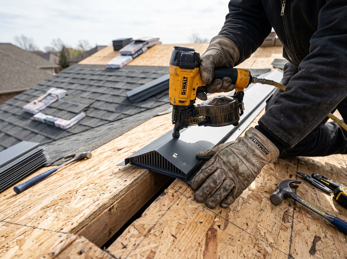 Roofing technician installing a ridge vent on a North Port roof deck