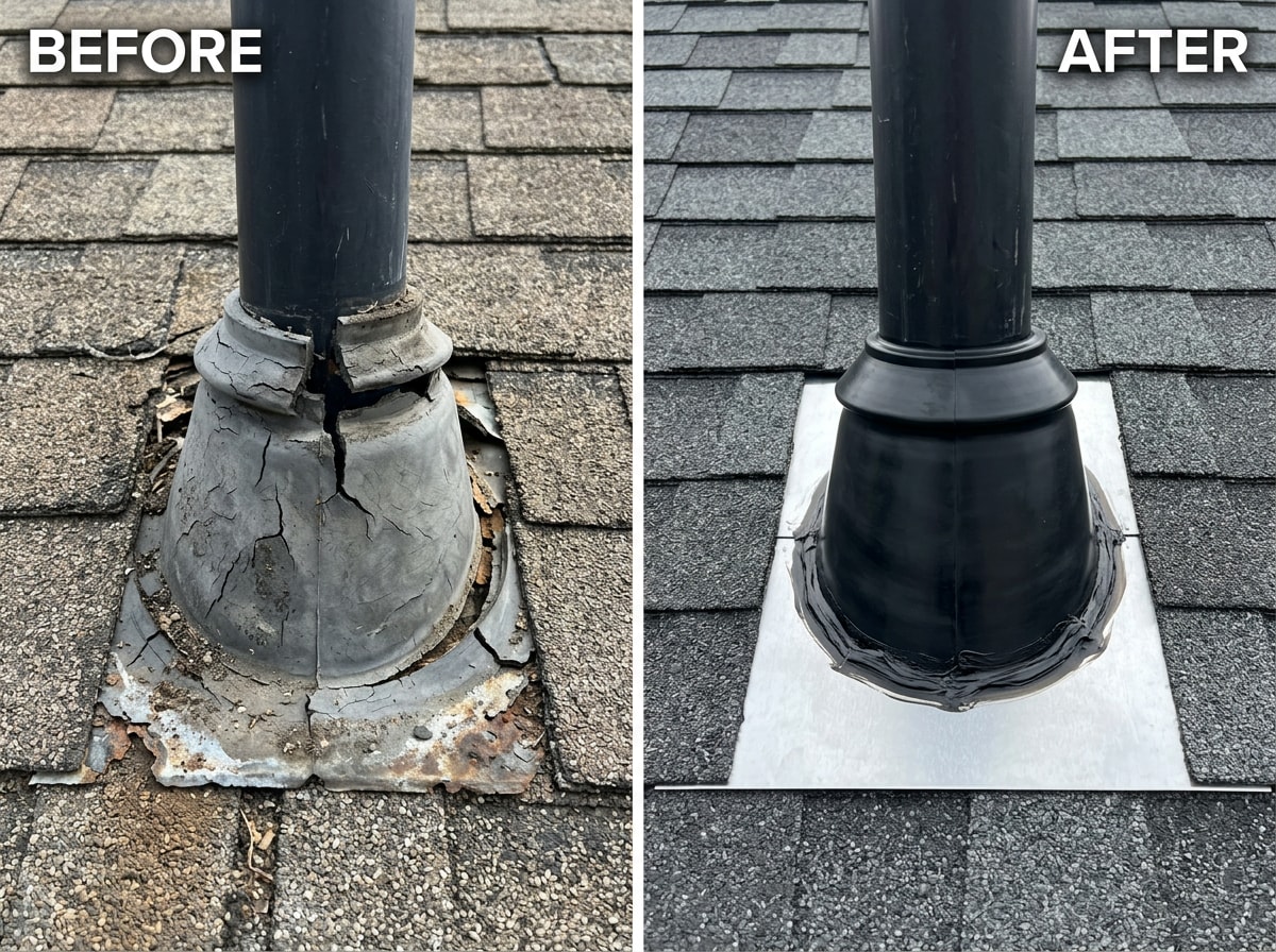 Before and after view of a repaired vent boot and flashing