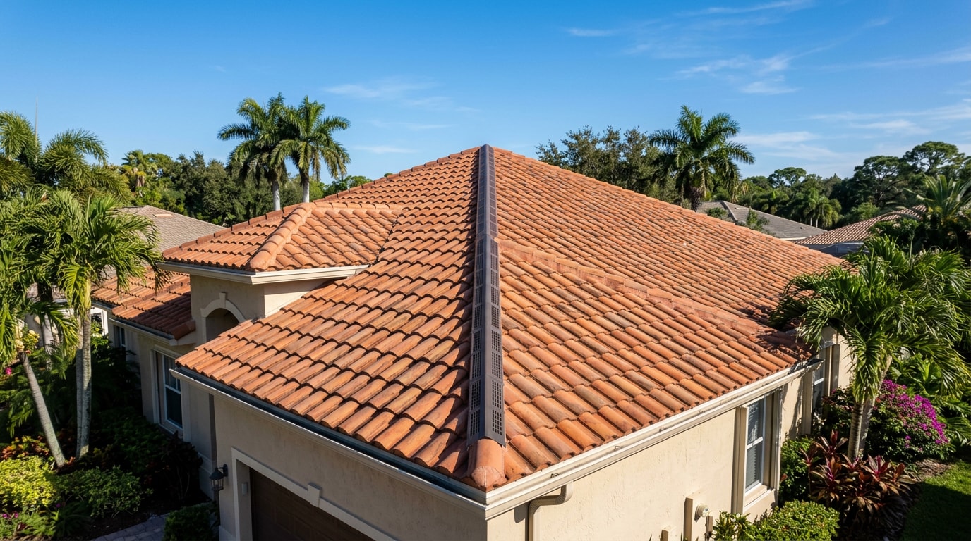 Ridge vent installed along the peak of a tile roof in North Port, FL