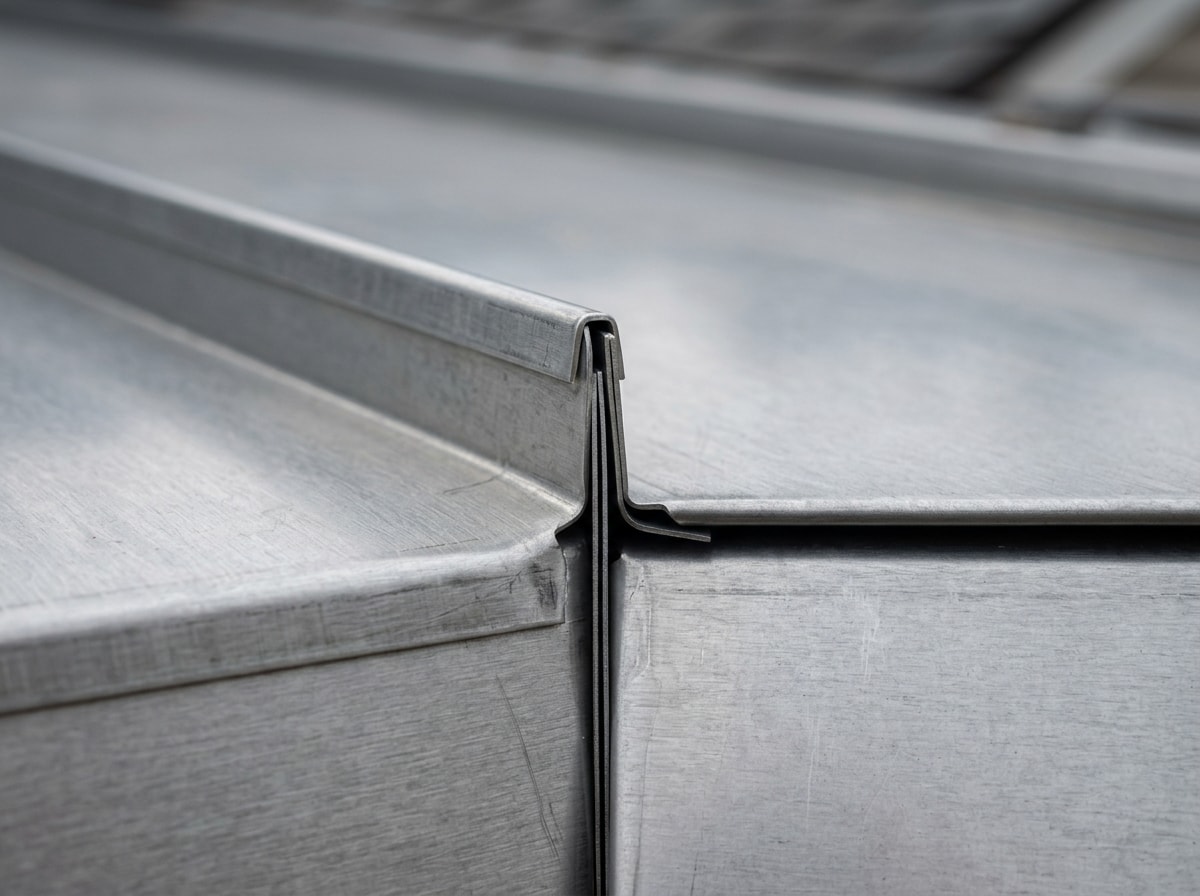 Close-up of standing seam steel roofing panel with concealed fastener seam