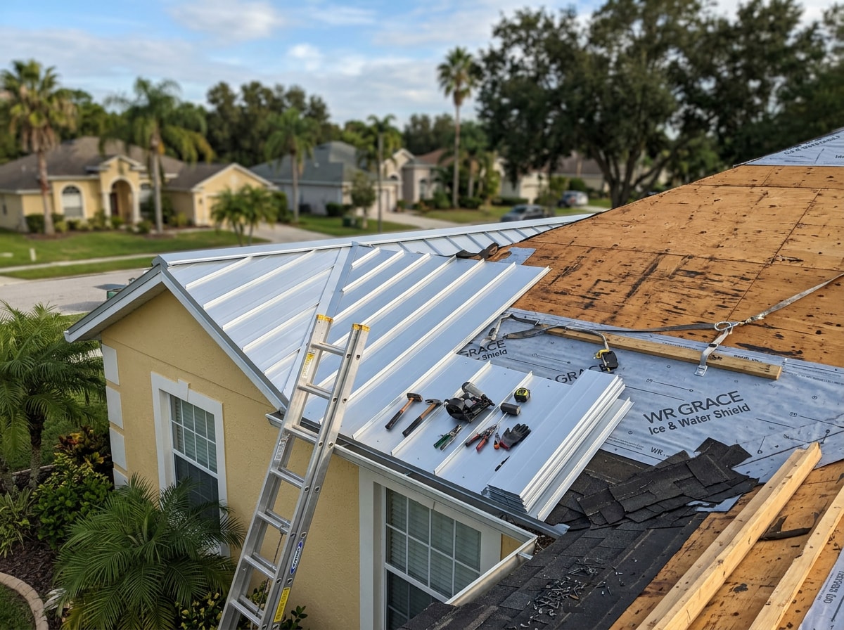 Roofing crew installing steel panels during a full tear-off reroof