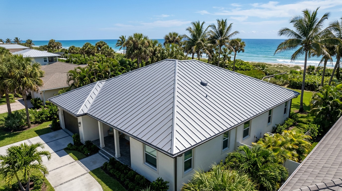 Newly installed standing seam steel roof on a Sarasota, FL home under a clear blue sky Newly installed standing seam steel roof on a Sarasota, FL home under a clear blue sky