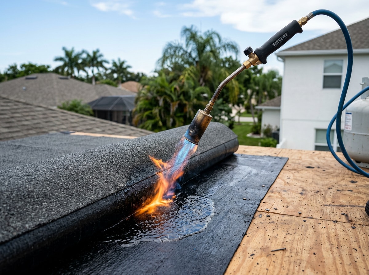 Roofing crew torch-applying a modified bitumen cap sheet during flat roof installation in Bradenton, FL