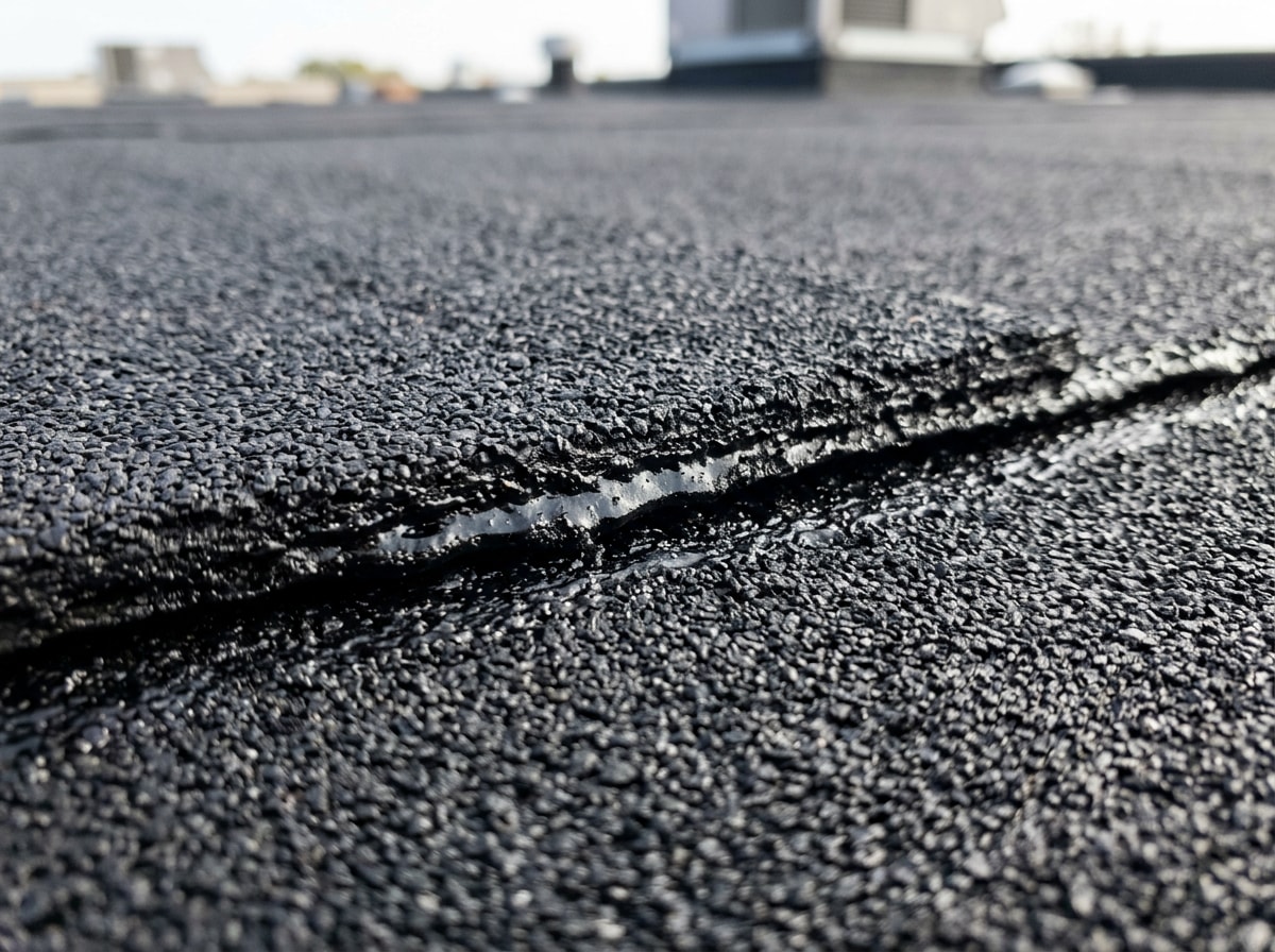 Close-up of heat-fused torch down roofing seams showing multiple modified bitumen layers