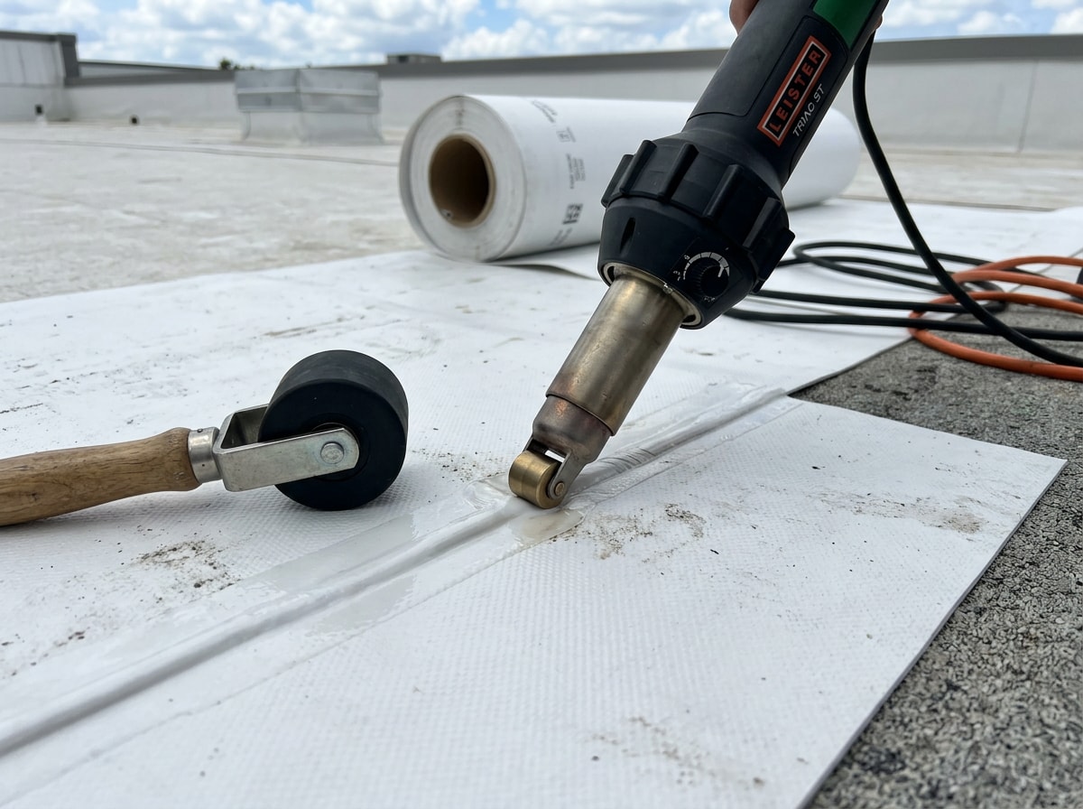 Roofing crew heat-welding TPO membrane seams on a flat roof in Lakewood Ranch, FL